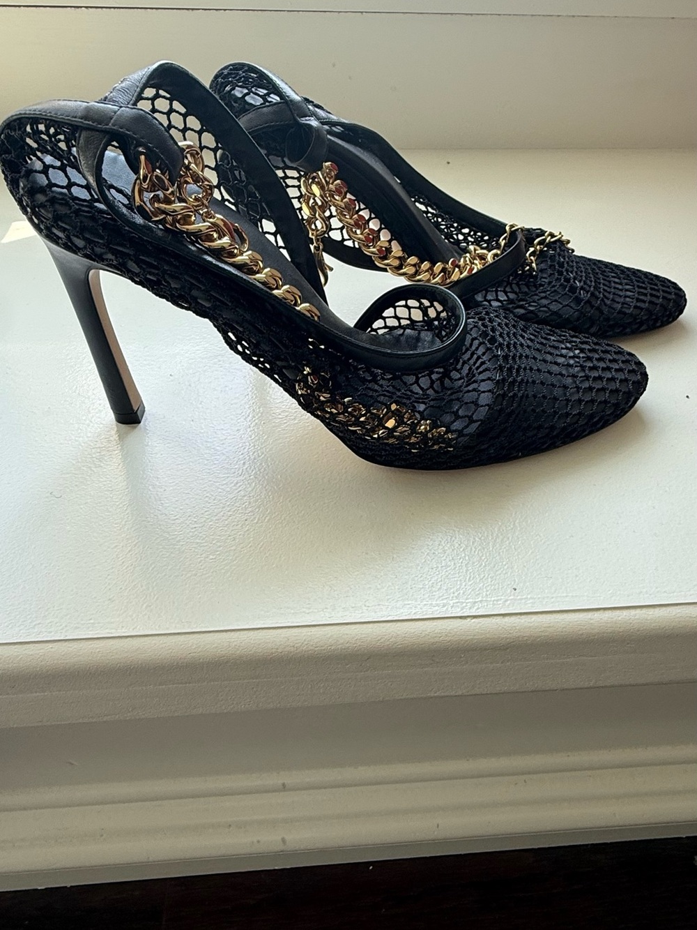 Bottega Veneta Black Mesh Pointed Slingback Heels with Gold Chain Detail